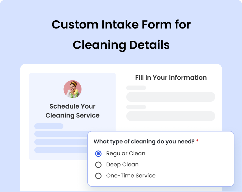 Cleaning intake form requesting details like service type and property information.