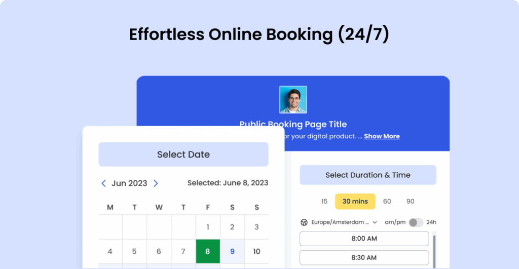 online booking calendar for music lessons with date and duration selection