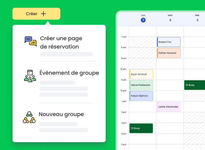 Illustration of 1:1 meetings, Group-to-1 sessions, and group scheduling options in Calfrenzy.