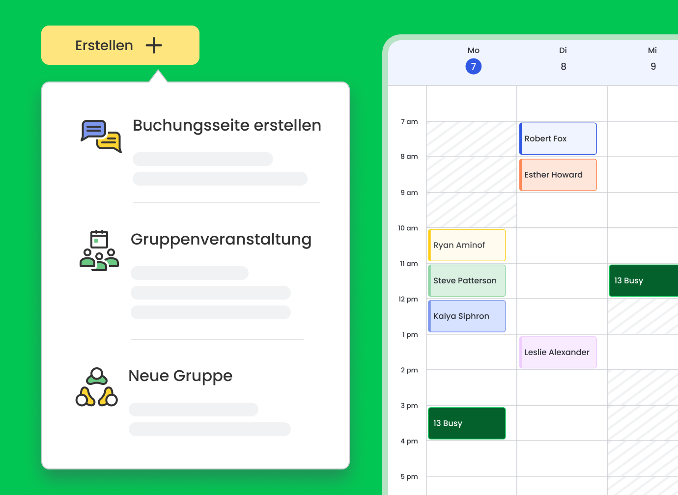 Illustration von 1-zu-1-Meetings, Gruppe-zu-1-Sitzungen und Gruppenplanungsoptionen in Calfrenzy.
