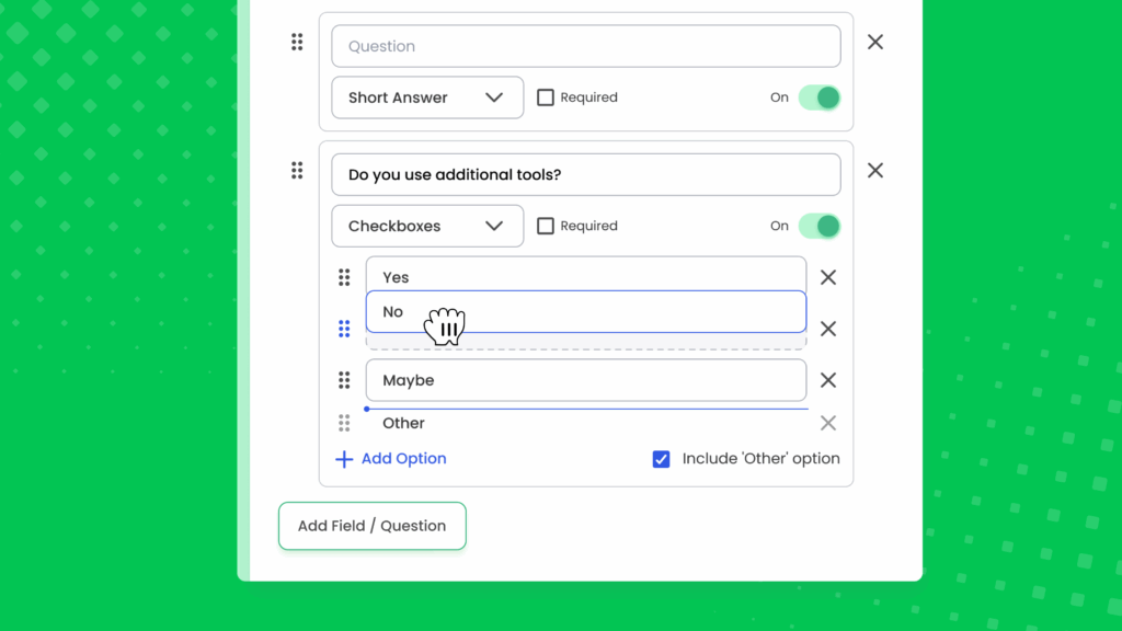 Calfrenzy form builder showing customizable intake form fields with a drag icon and cursor, demonstrating how to reorder checkbox options like “Yes,” “No,” and “Maybe.”