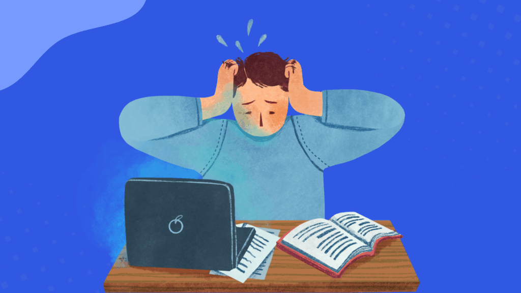 Illustration of a stressed person holding their head in front of a laptop and open books, representing burnout and mental fatigue from back-to-back meetings.