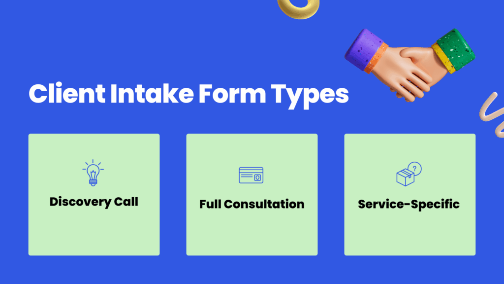 Visual showing three types of client intake forms—Discovery Call, Full Consultation, and Service-Specific—on a blue background with icons and a 3D handshake illustration.