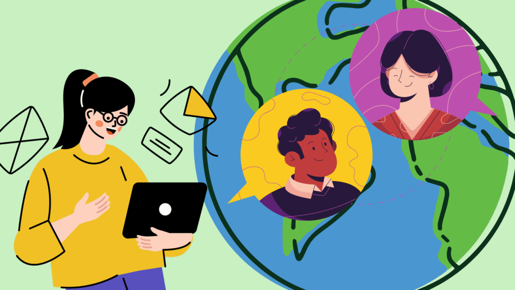 Illustration of a woman using a laptop to communicate with colleagues around the world, symbolizing global email etiquette, respectful communication, and cross-cultural collaboration.