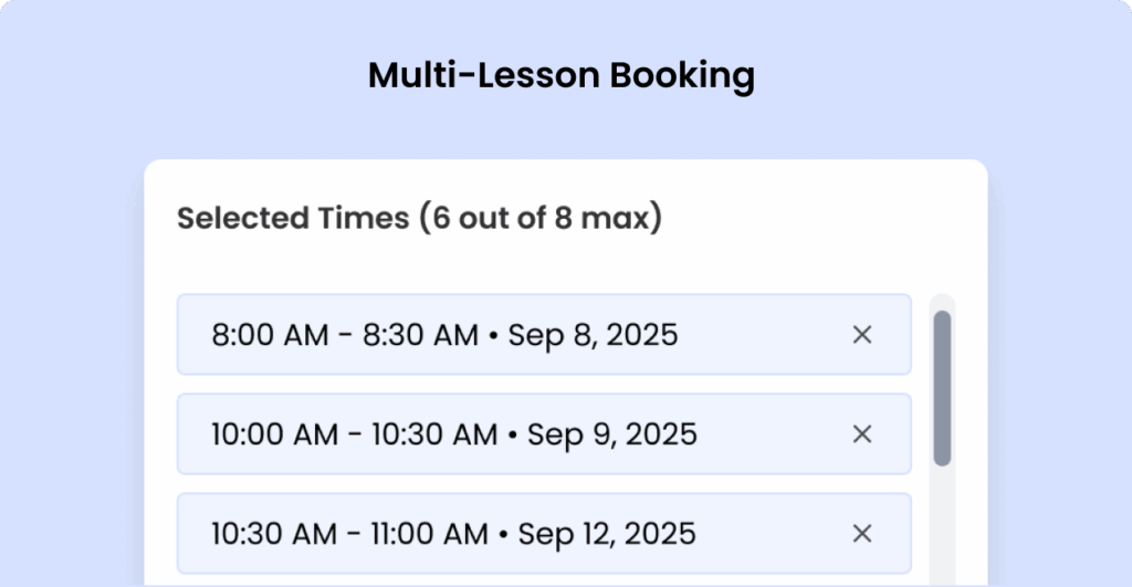music lesson scheduling software showing multiple selected lesson times in one checkout