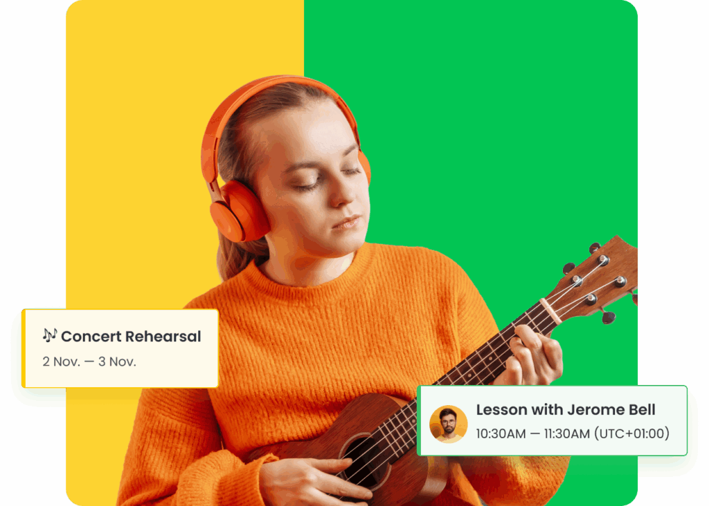 student playing ukulele with music lesson scheduling app showing concert rehearsal and lesson times