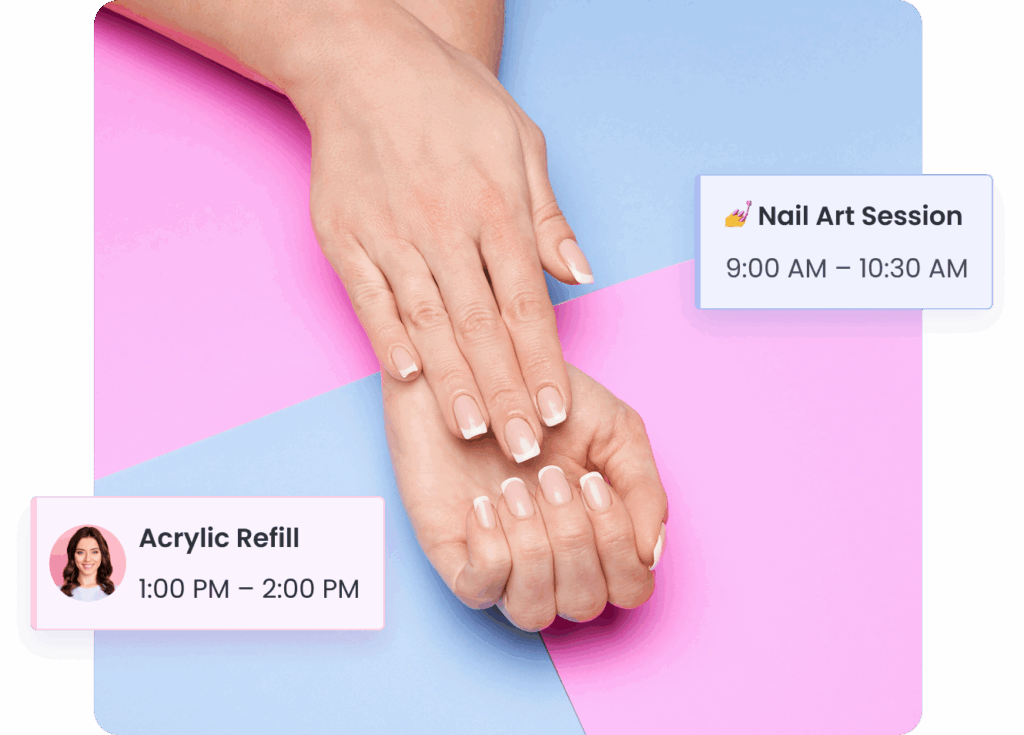 Nail salon booking app interface with manicure appointment cards showing booking times.