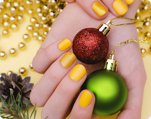 Holiday nail design with ornaments promoting seasonal salon specials.