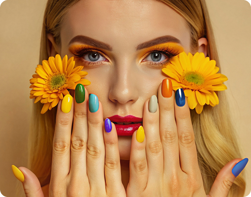 VIP manicure modeling floral nail art for private nail appointments.