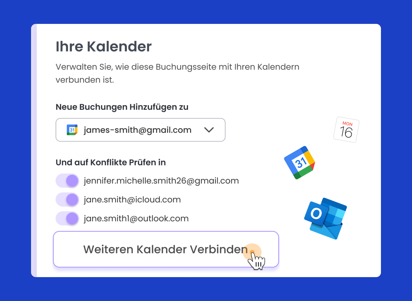 Integration von Calfrenzy mit Google-, Outlook- und Microsoft 365-Kalendern für nahtlose Terminplanung.