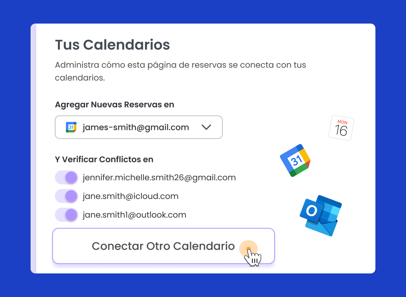 Integración de Calfrenzy con calendarios de Google, Outlook y Microsoft 365 para una programación sin interrupciones.
