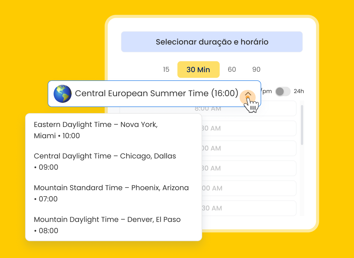 Feature display of automatic timezone detection ensuring accurate meeting times across regions.