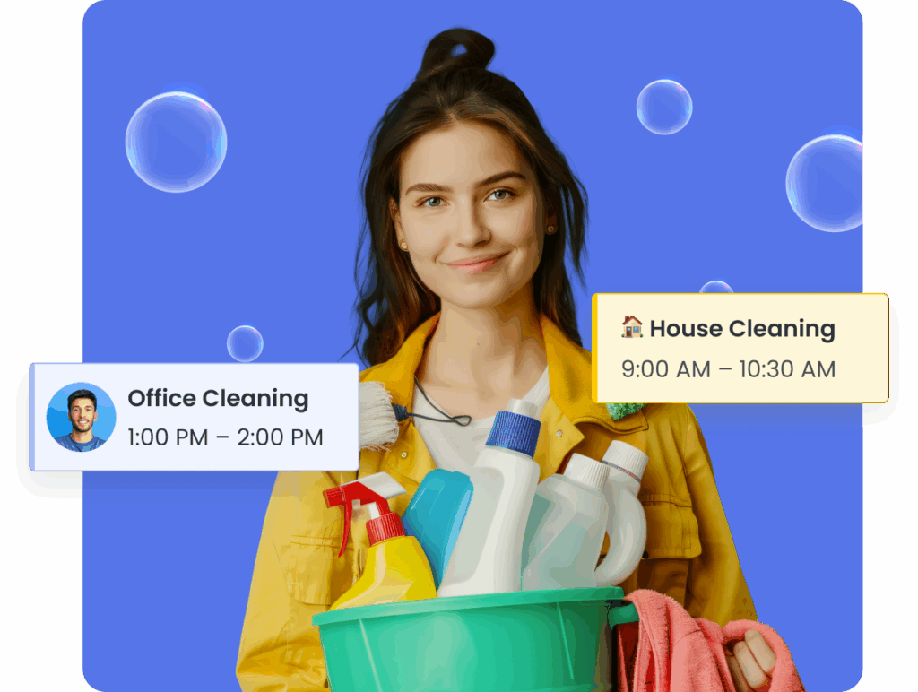 Female cleaning professional holding cleaning supplies with booking notifications for home and office cleaning.