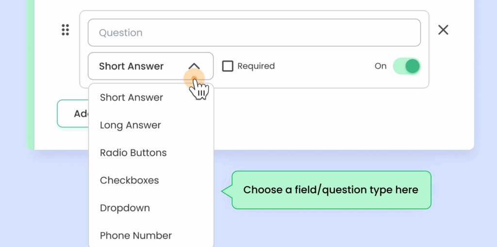 Calfrenzy form builder showing checkbox options “Yes,” “No,” “Maybe,” and “Other,” with the “Allow custom response option” setting enabled and highlighted.