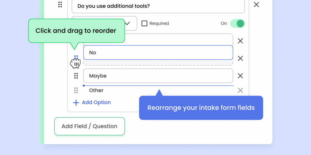 Calfrenzy form builder showing checkbox options with a drag icon and cursor, demonstrating how to click and drag to reorder intake form fields.