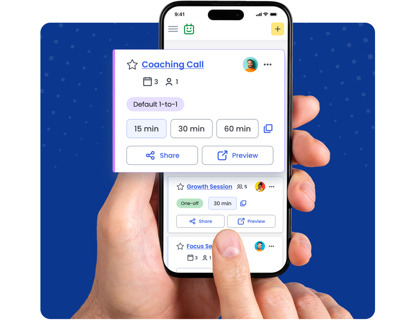 coaching scheduling software on smartphone showing session options and durations