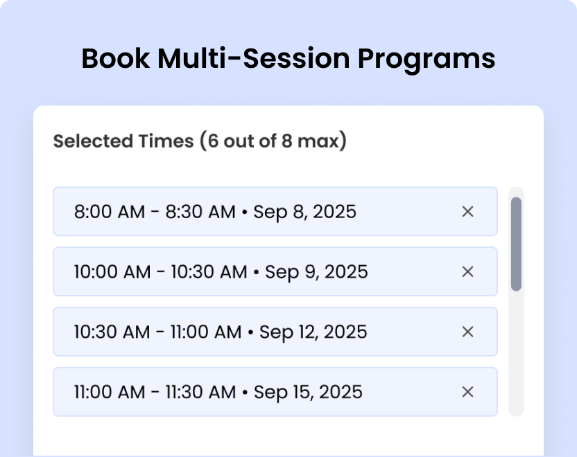 scheduling app showing multiple coaching sessions selected in one checkout