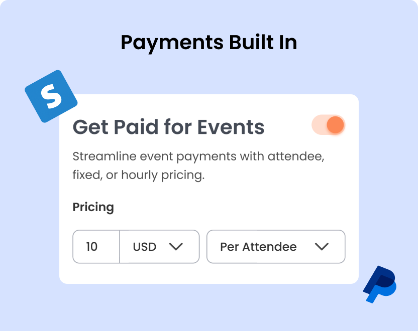 coaching event payment setup screen using Stripe for deposits or full fees