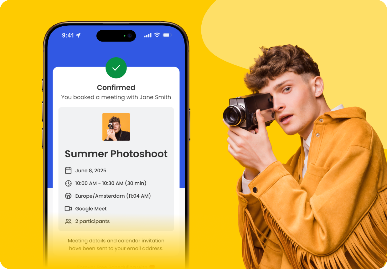 photography booking software confirmation screen with photographer holding camera