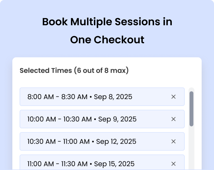 Multiple training sessions booking interface for fitness clients.