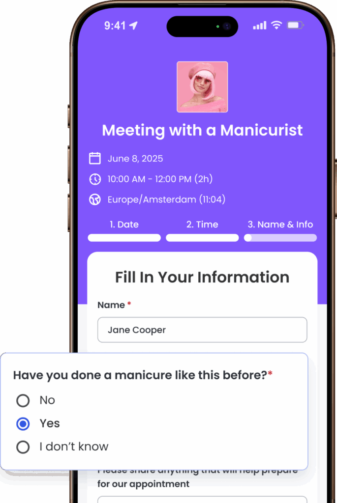 Nail salon intake form question displayed inside mobile booking flow.