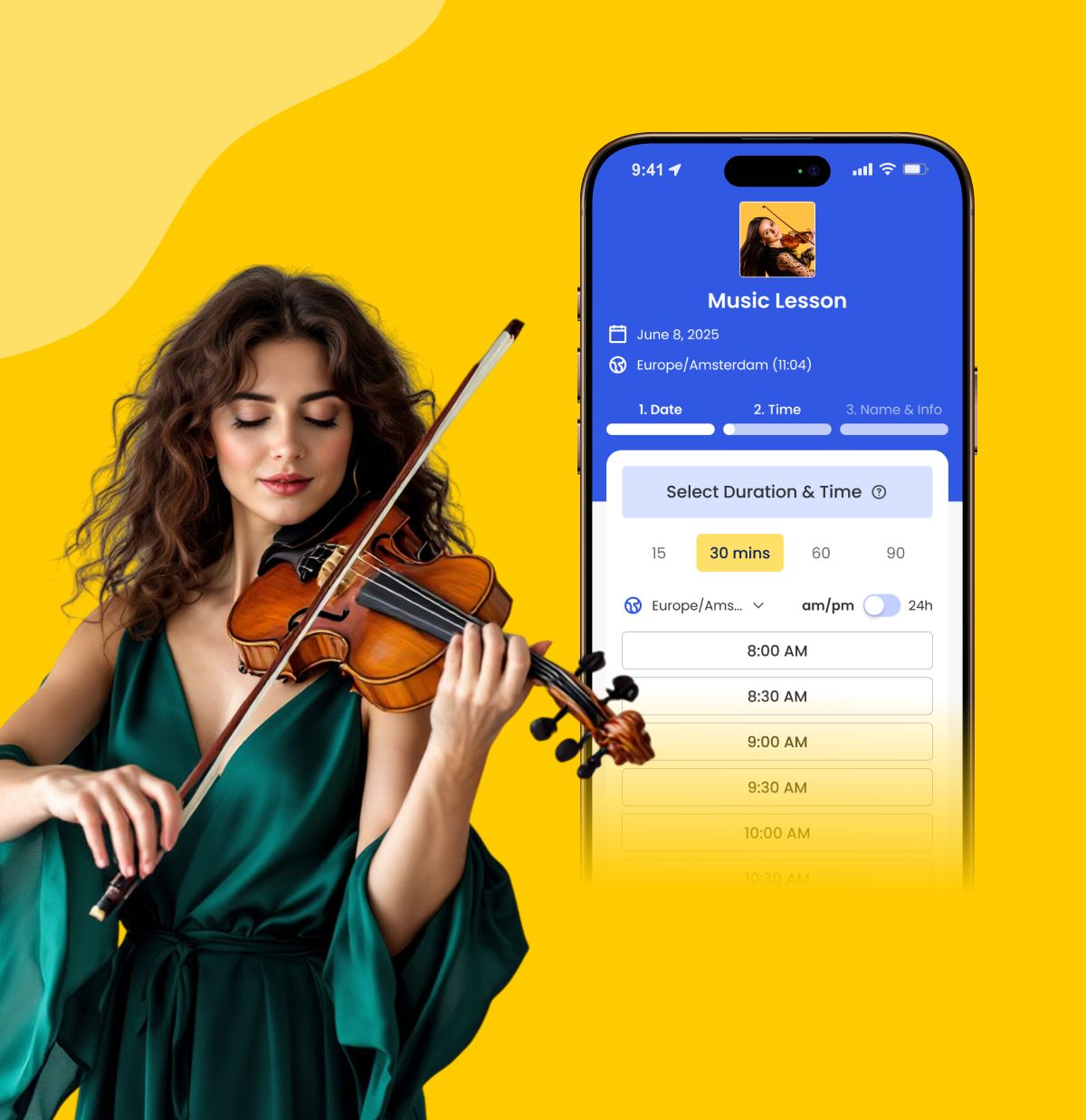 violin teacher playing while music lesson scheduling screen displays lesson time options