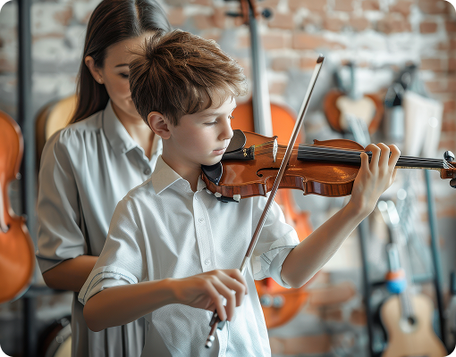 student practicing violin for recital or exam prep session