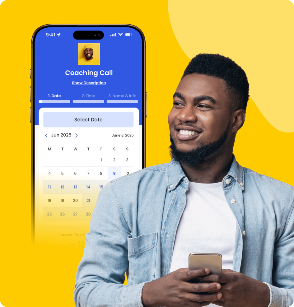 coach holding phone with coaching call booking calendar shown on scheduling app
