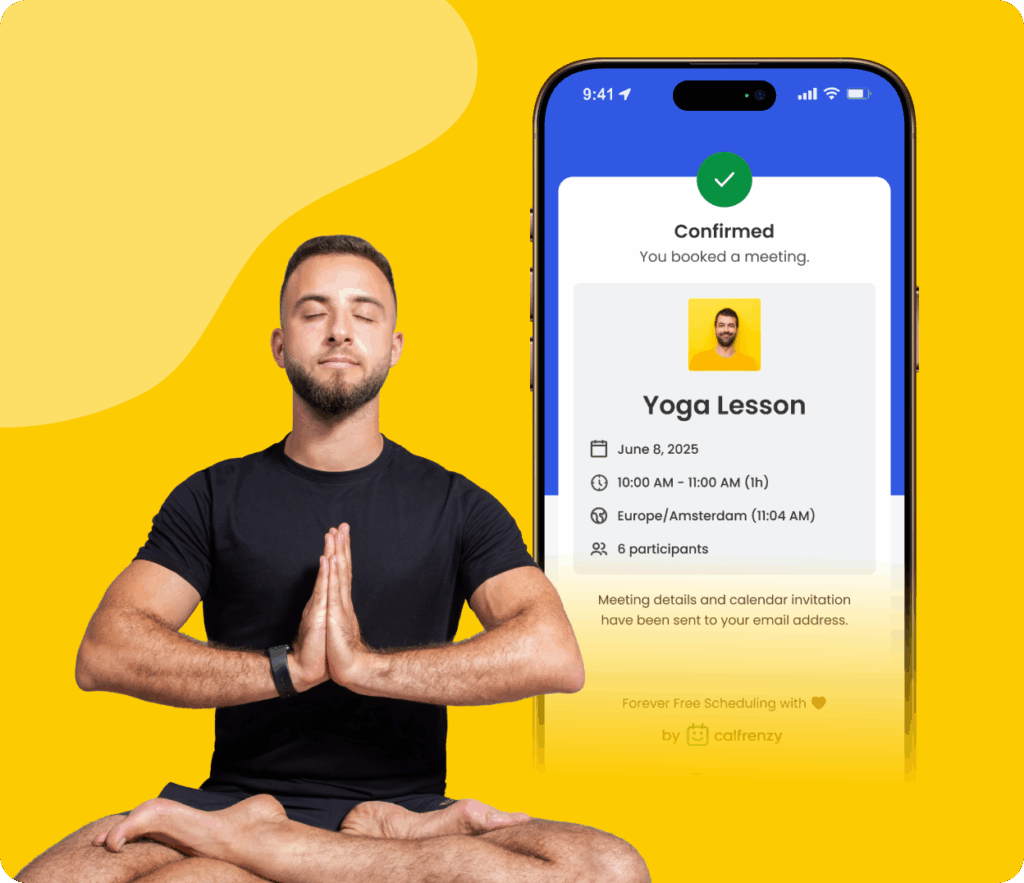 Yoga teacher meditating next to mobile yoga lesson confirmation.