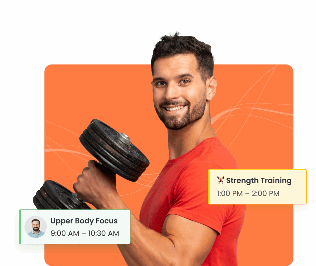 Personal trainer holding dumbbell with training session booking cards.