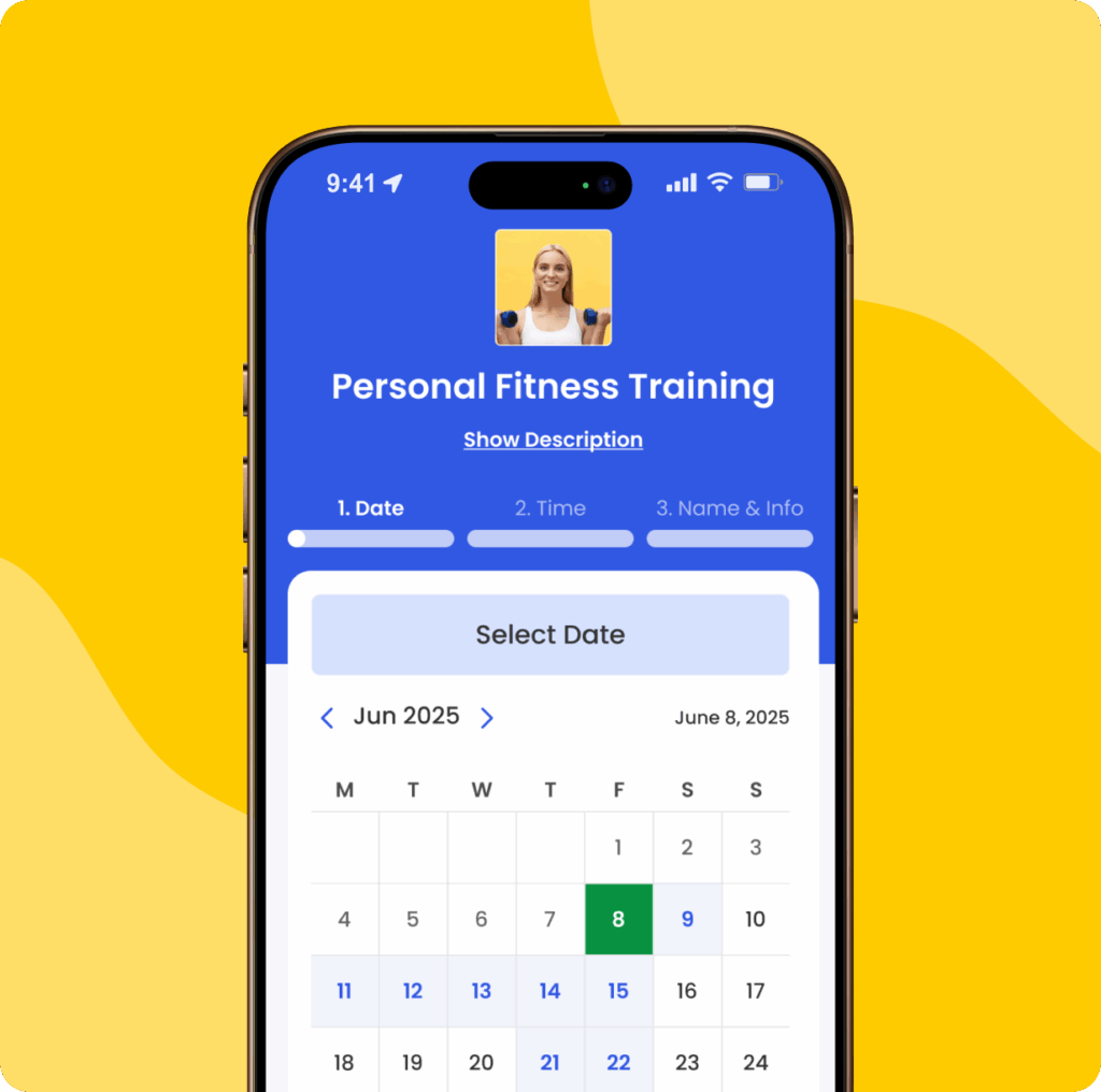 Mobile screen showing personal fitness training appointment in Calfrenzy.