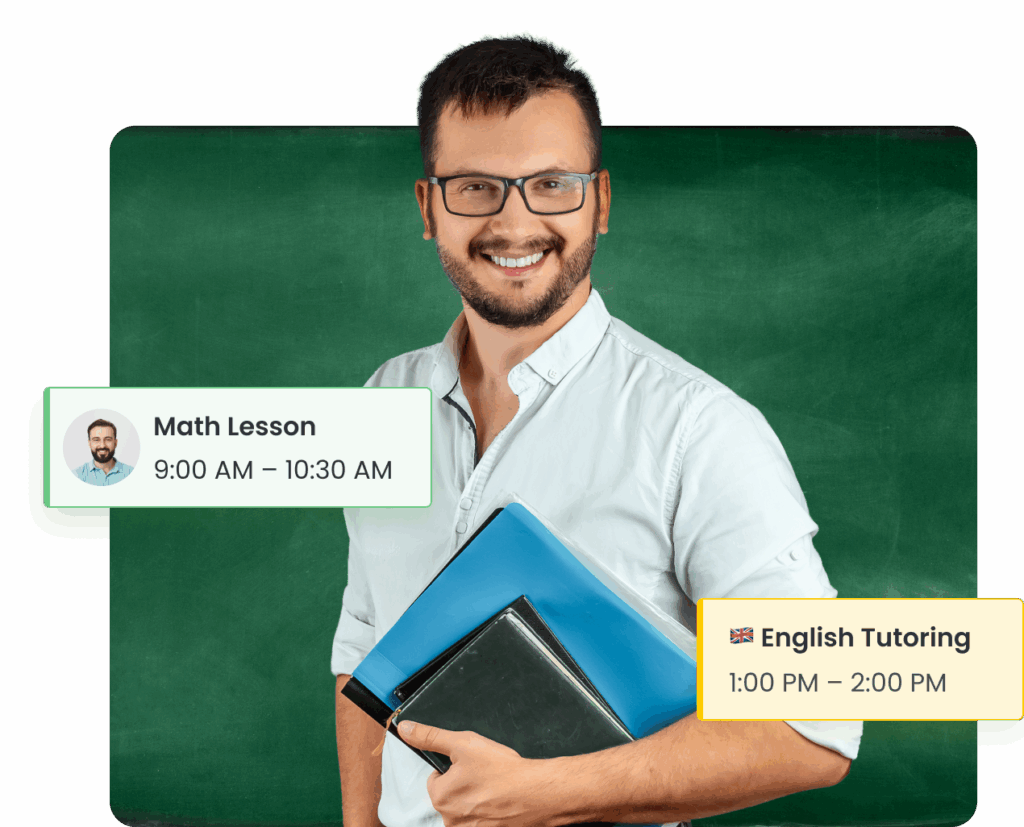 private tutor holding books with tutoring session times displayed on scheduling software