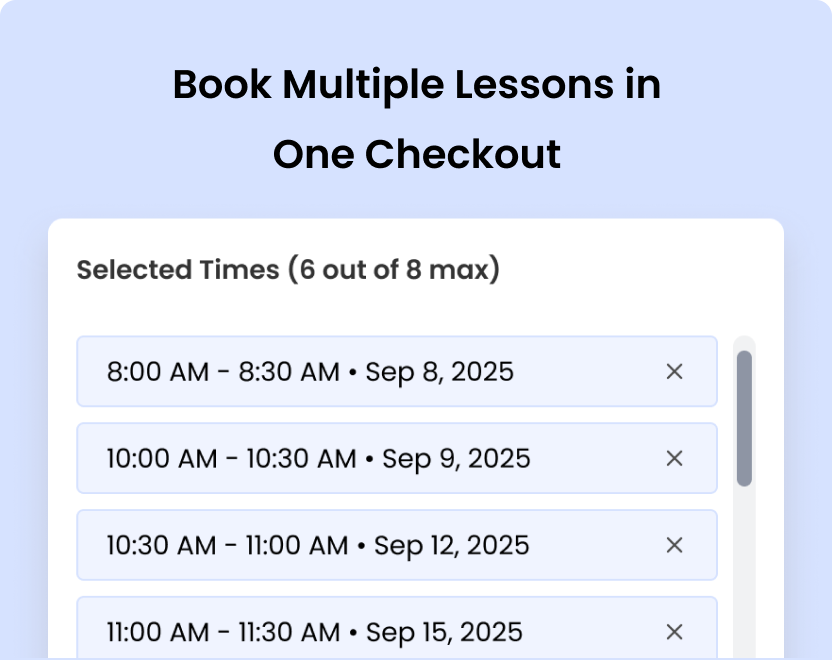 scheduling software showing multiple lesson times selected for booking