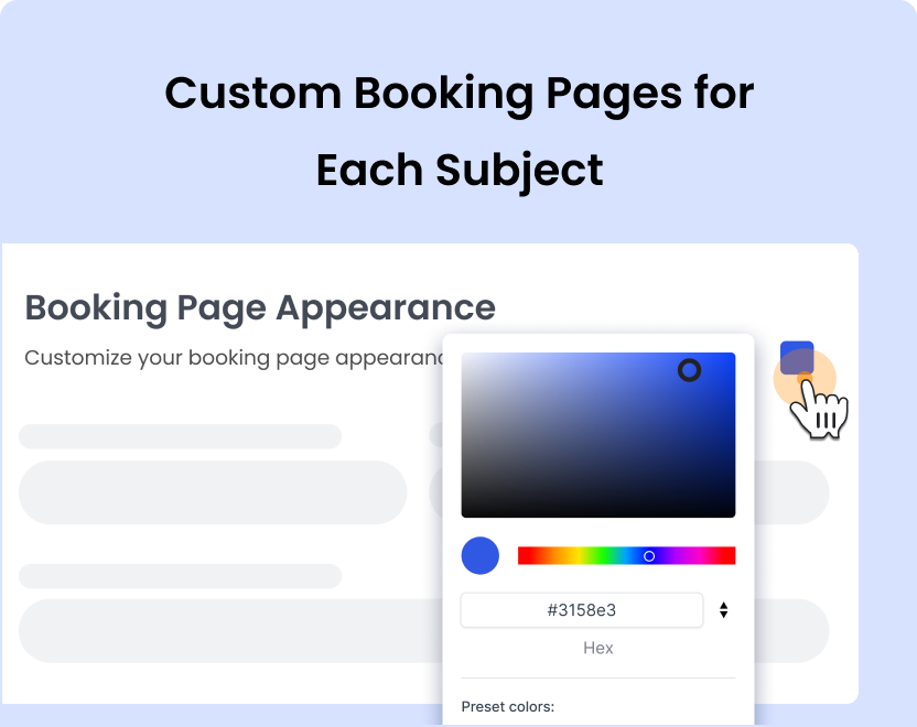 tutor booking page customization screen with color selector