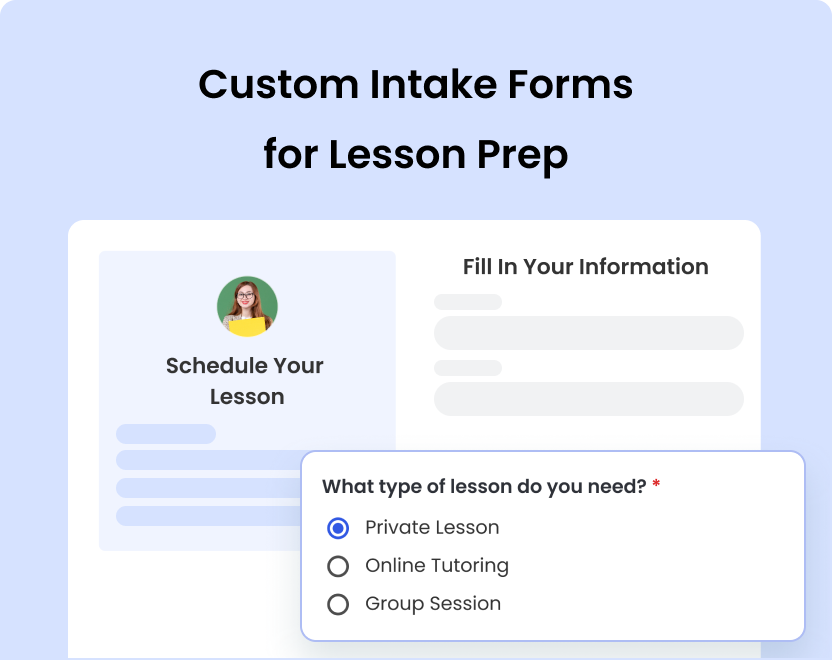 lesson intake form asking student details and session type options