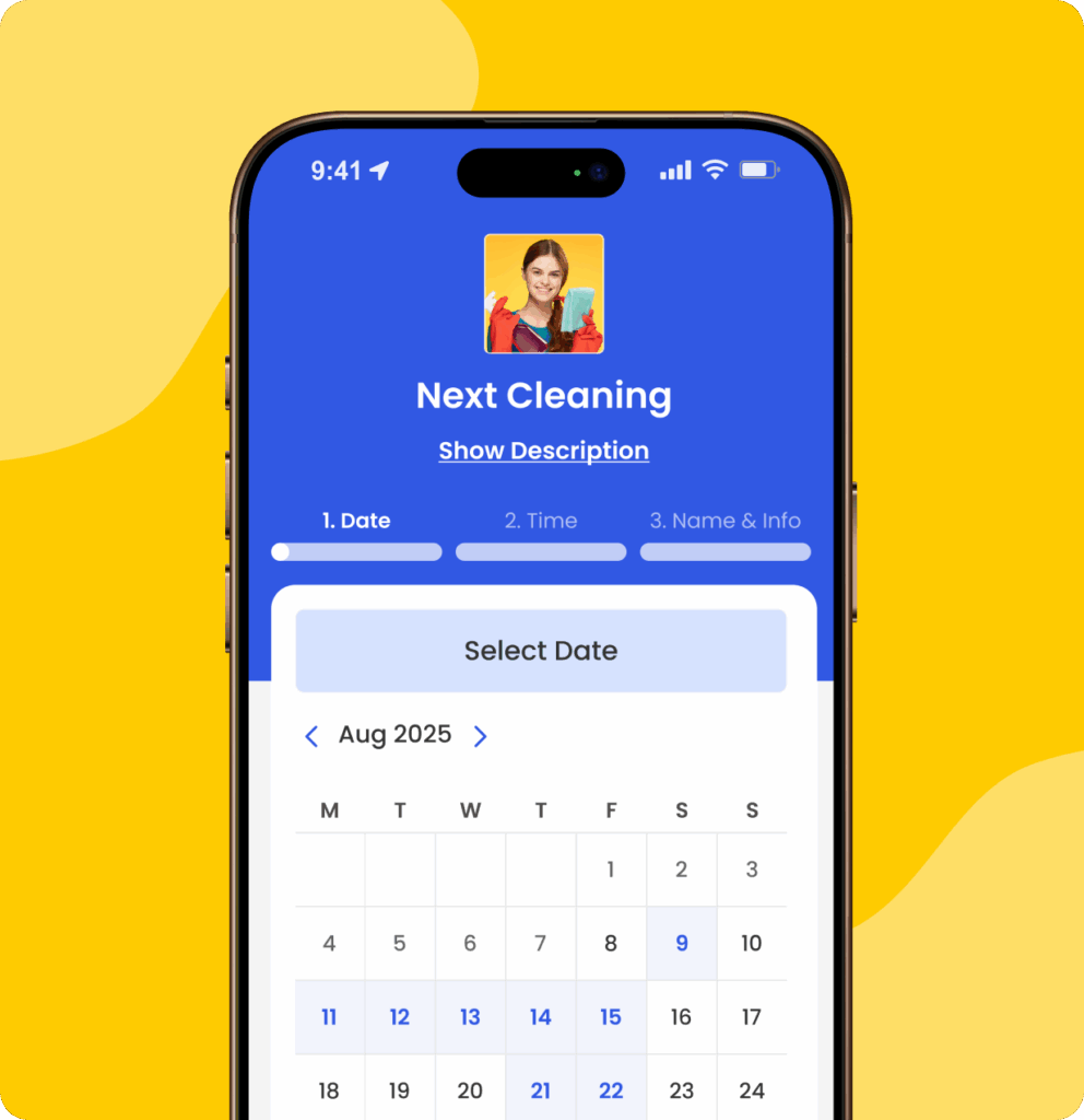 Mobile booking screen for a cleaning appointment showing date selection interface.