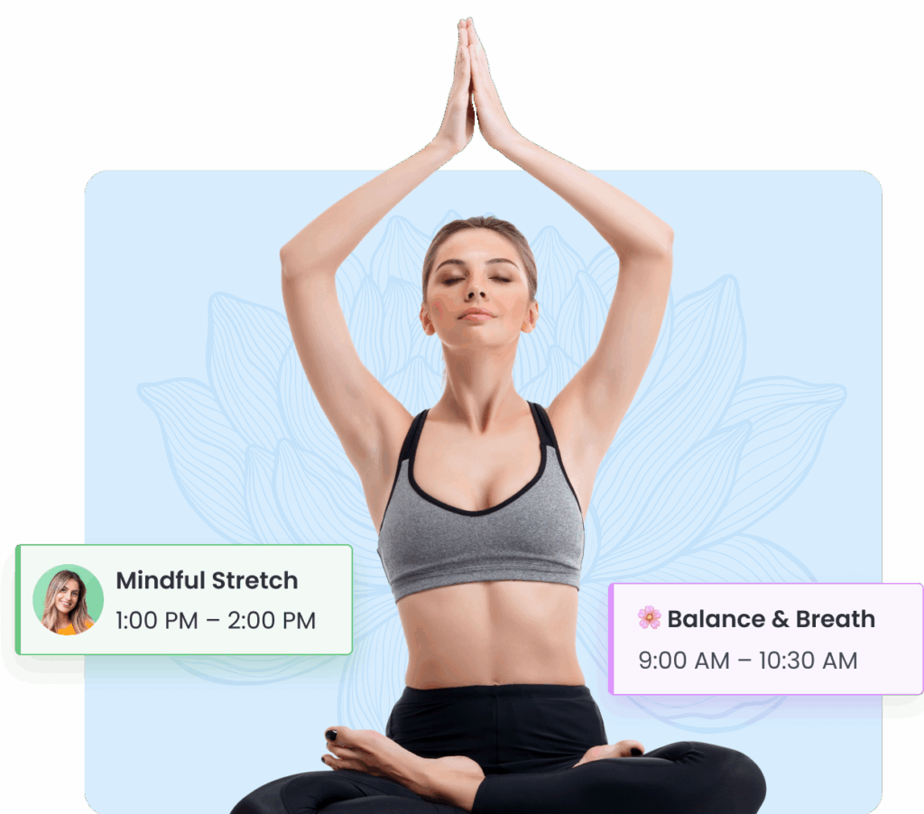 Yoga instructor meditating with class booking cards displayed.