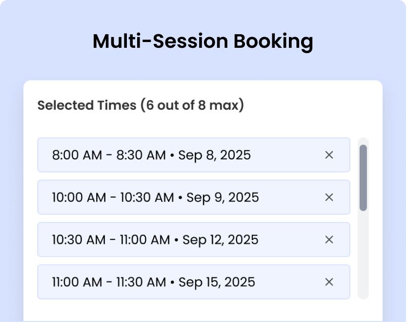Yoga class multi-session booking calendar on Calfrenzy.