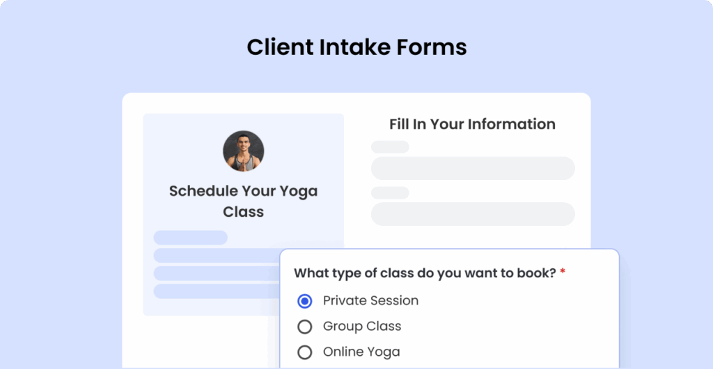 Yoga student intake form for class details and goals.